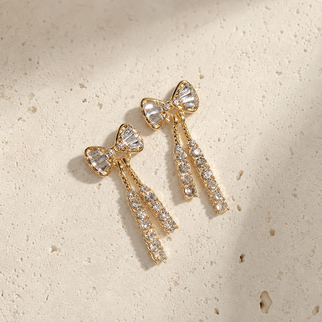 Golden Bow Crystal Tassel Earrings