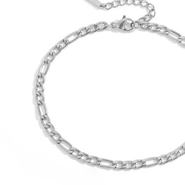 Close view of the polished silver-tone chain and clasp
