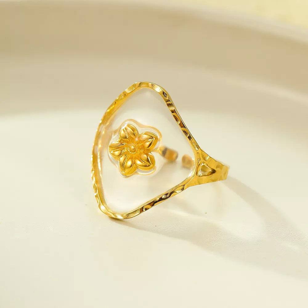 Anel aberto ajustavel dourado 18K TRIX detalhe de anel dourado com flor