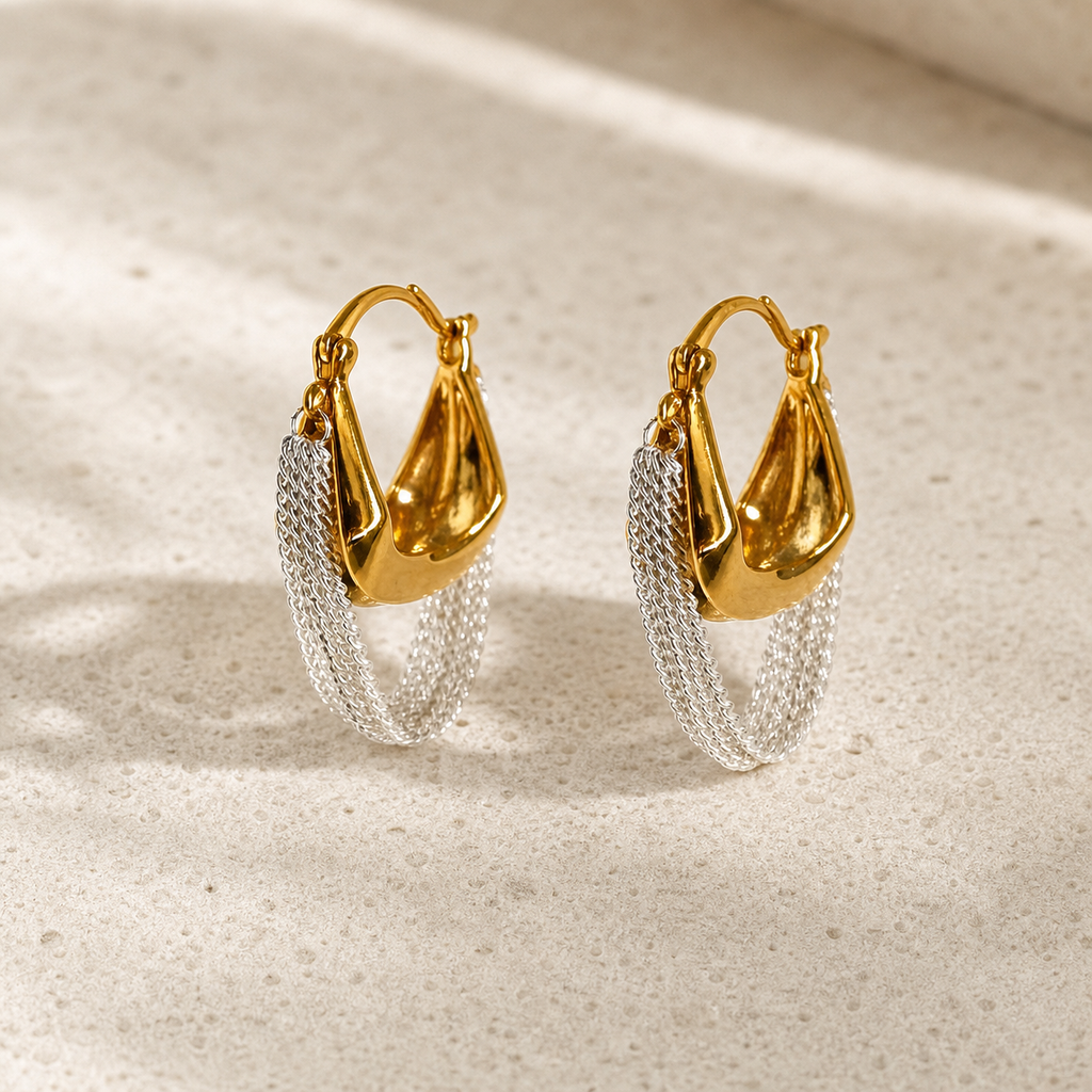 Two-tone chain tassel hoop earrings product view