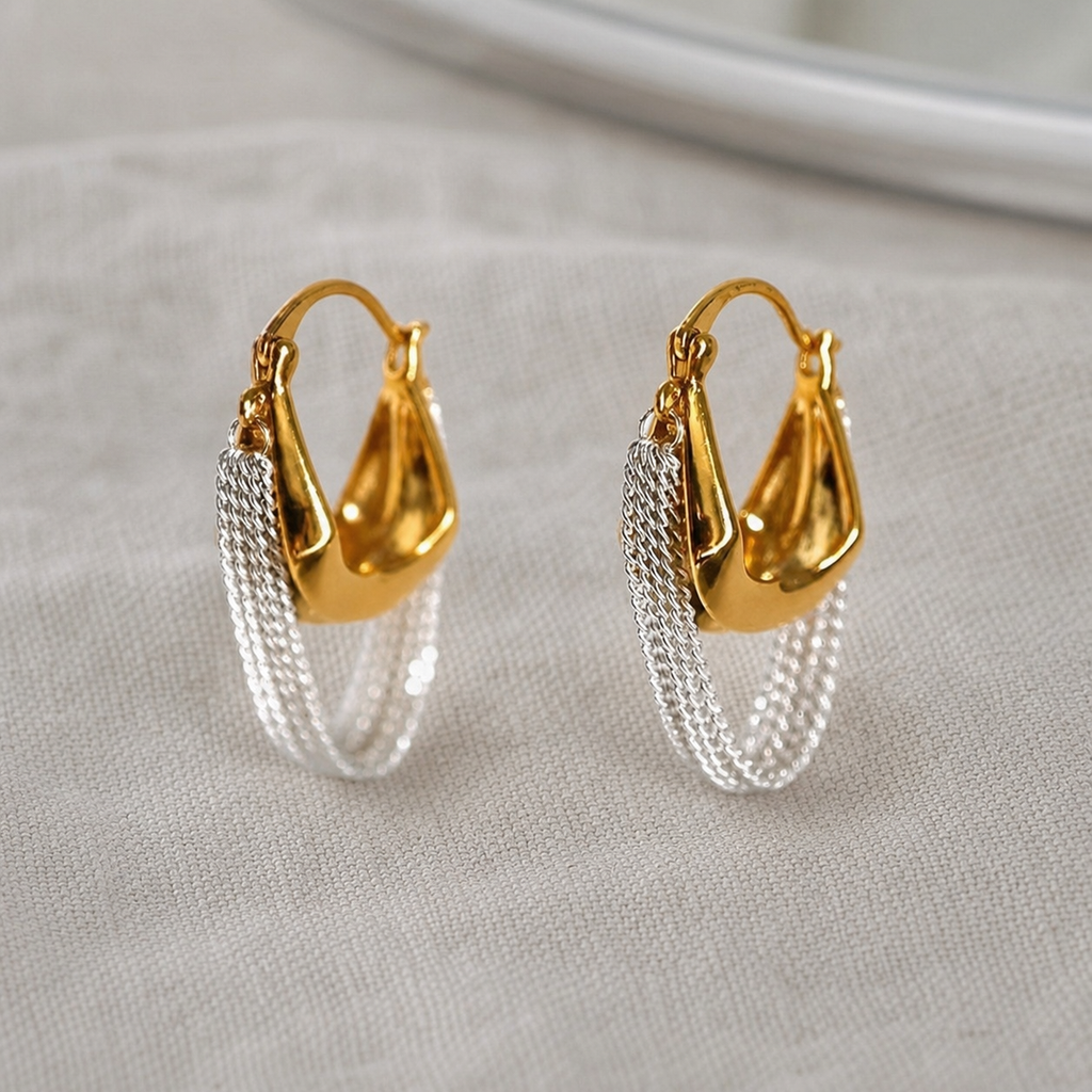 Two-tone chain tassel hoop earrings product view