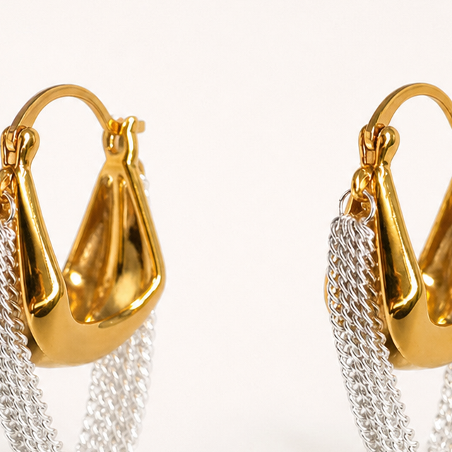 Two-tone chain tassel hoop earrings product view