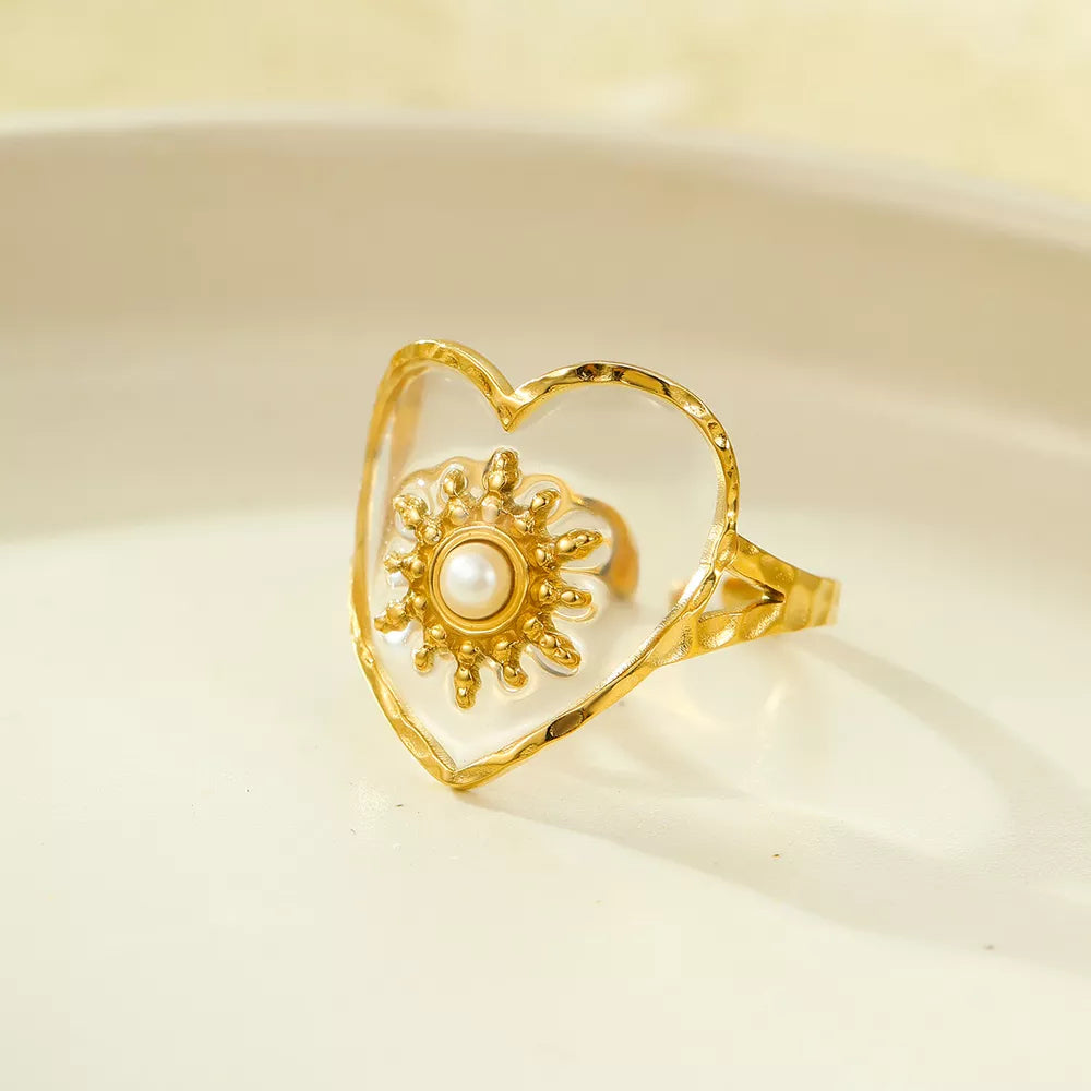 Anel aberto ajustavel dourado 18K TRIX detalhe de anel dourado com perola
