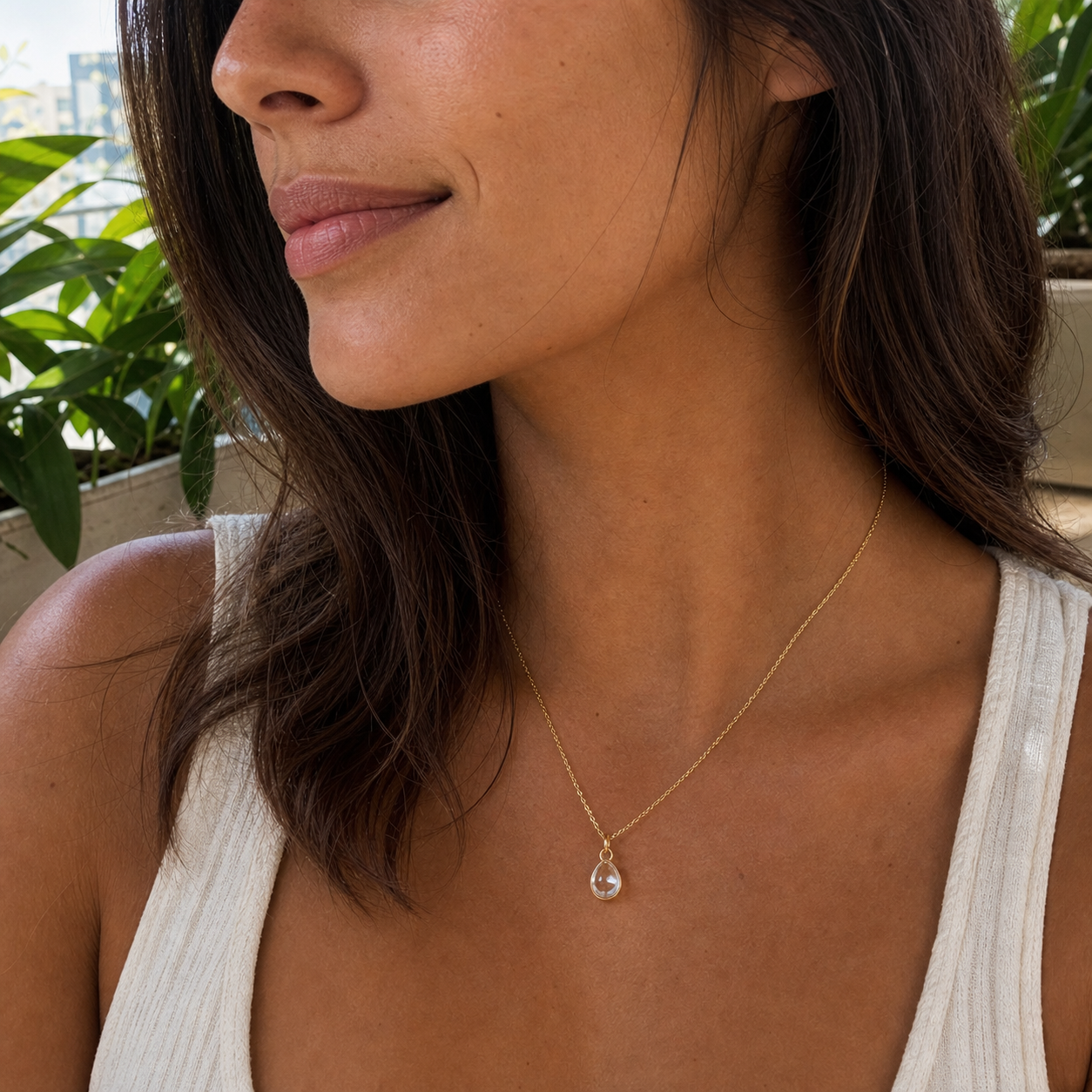 Colar Gota Transparente Minimalista em uso lifestyle realista TRIX